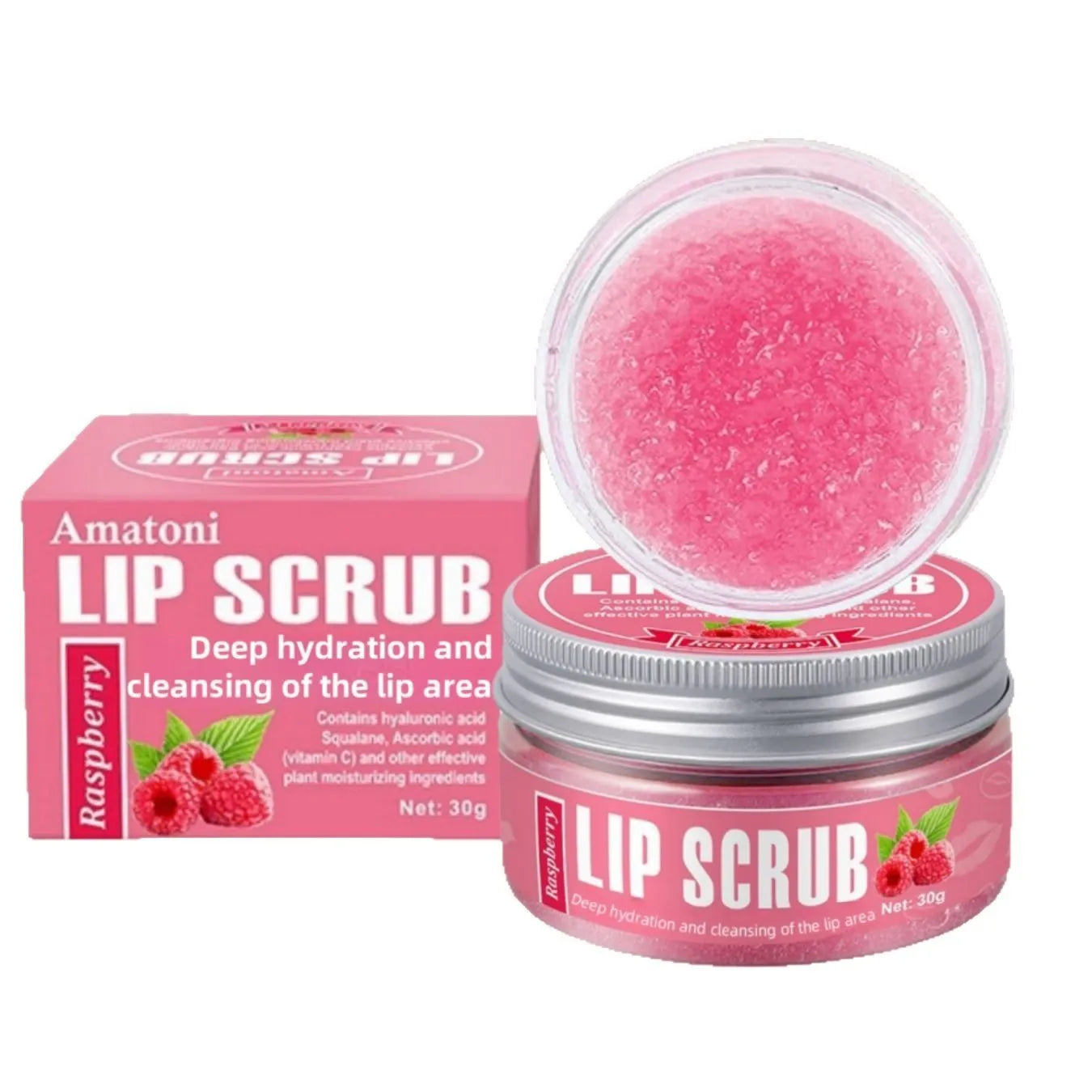 Amatoni fruit flavour lip scrub cream pot in 30g size with coconut, raspberry, vanilla, or watermelon options