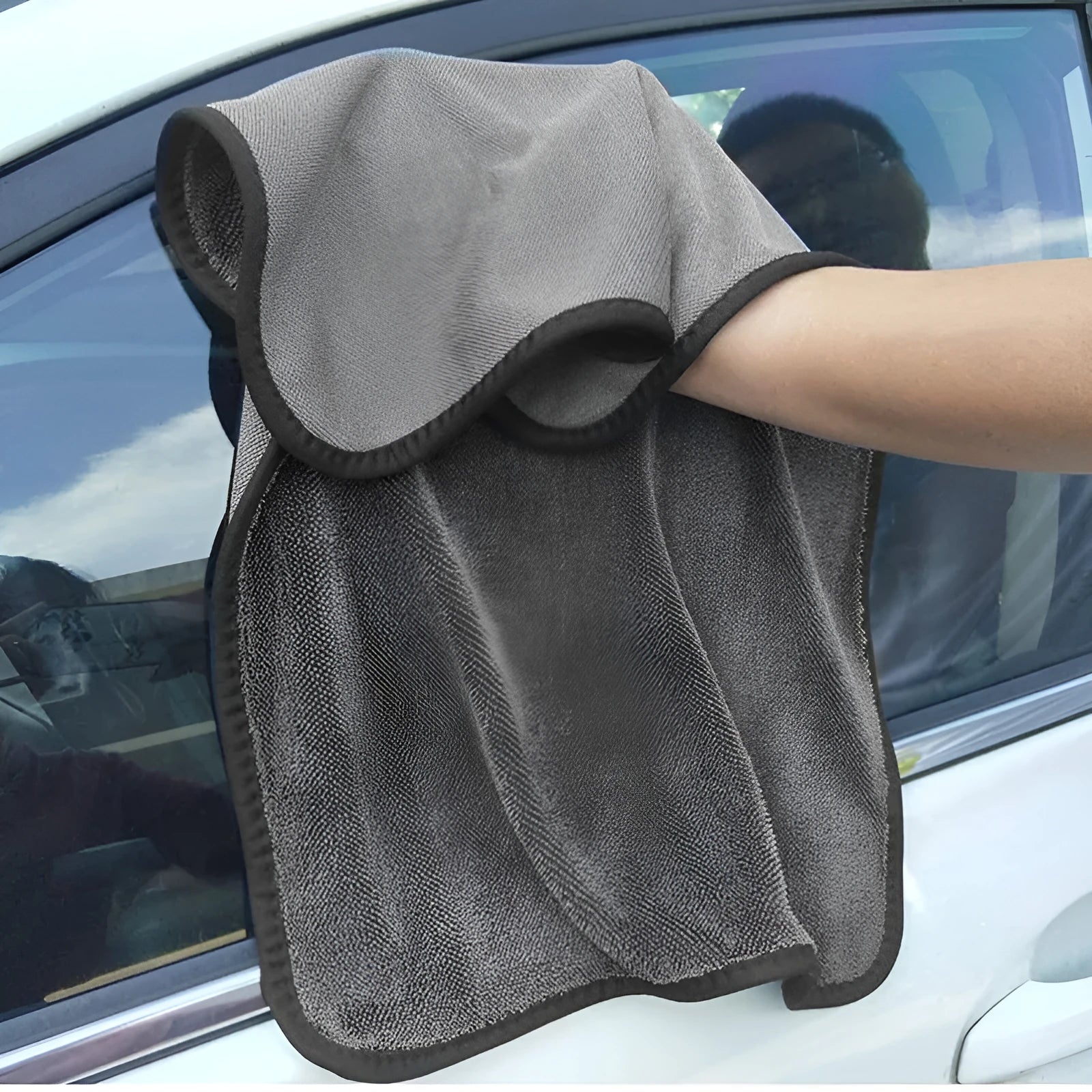 Grey 40x40cm microfiber car wash drying towel shown flat