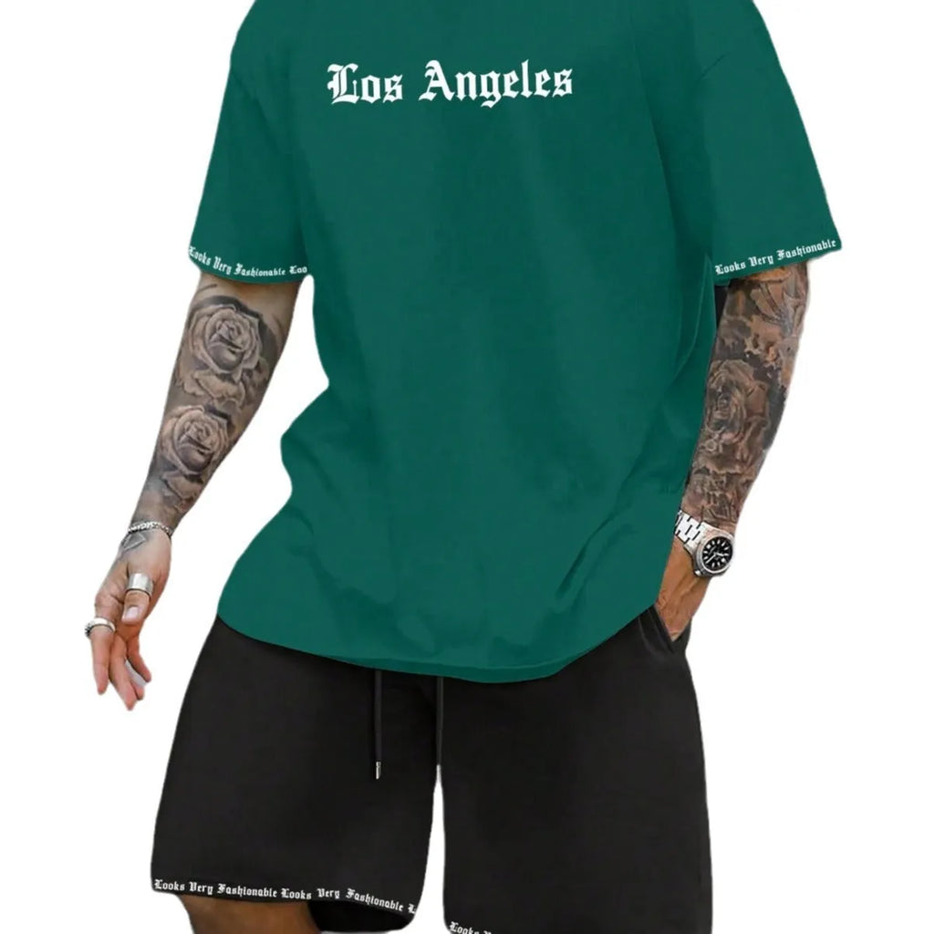 Sports style short-sleeved shorts set with printing pattern in polyester blend fabric