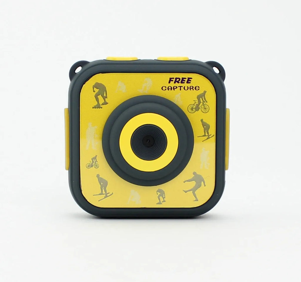 Yellow children's waterproof sports camera with LCD screen showing HD video recording.