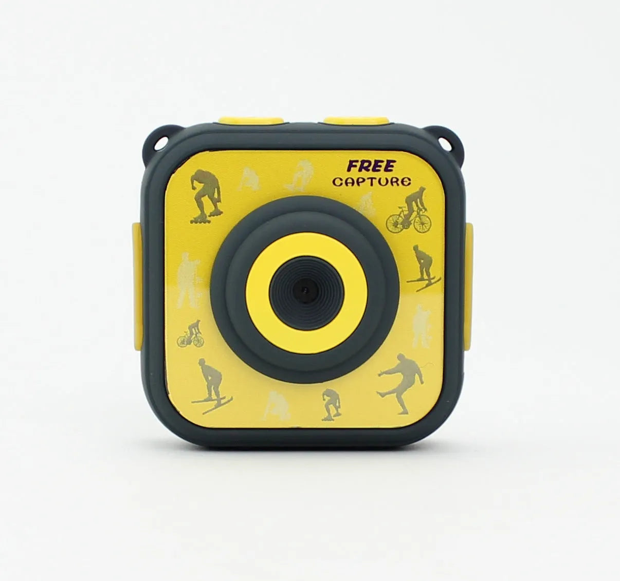 Yellow children's waterproof sports camera with LCD screen showing HD video recording.