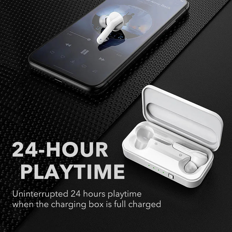 Black and white true wireless Bluetooth earbuds with IPX5 waterproof rating shown side by side.
