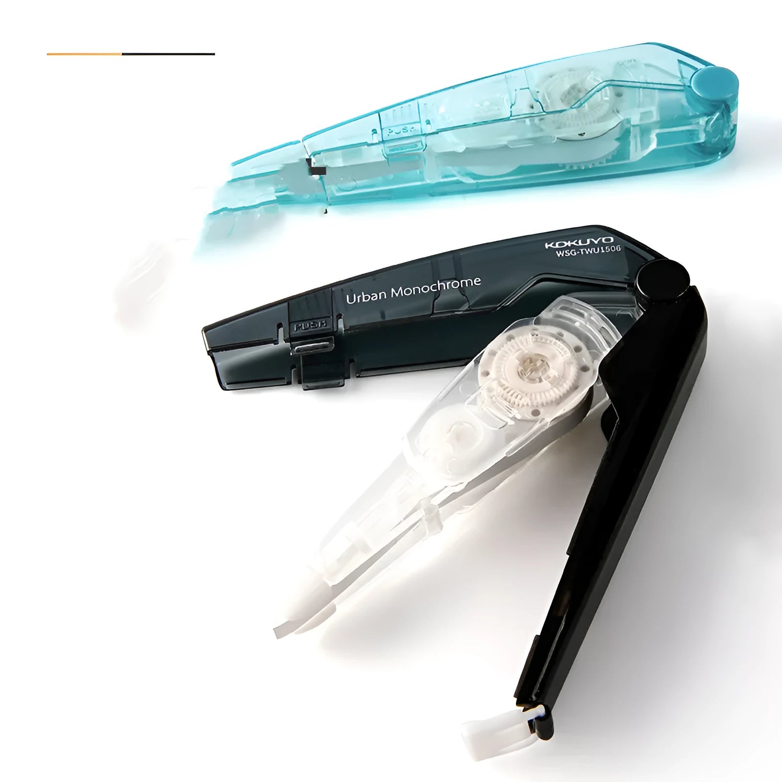 Refillable correction tape with transparent cartridge in black, white, blue, pink, or yellow colours