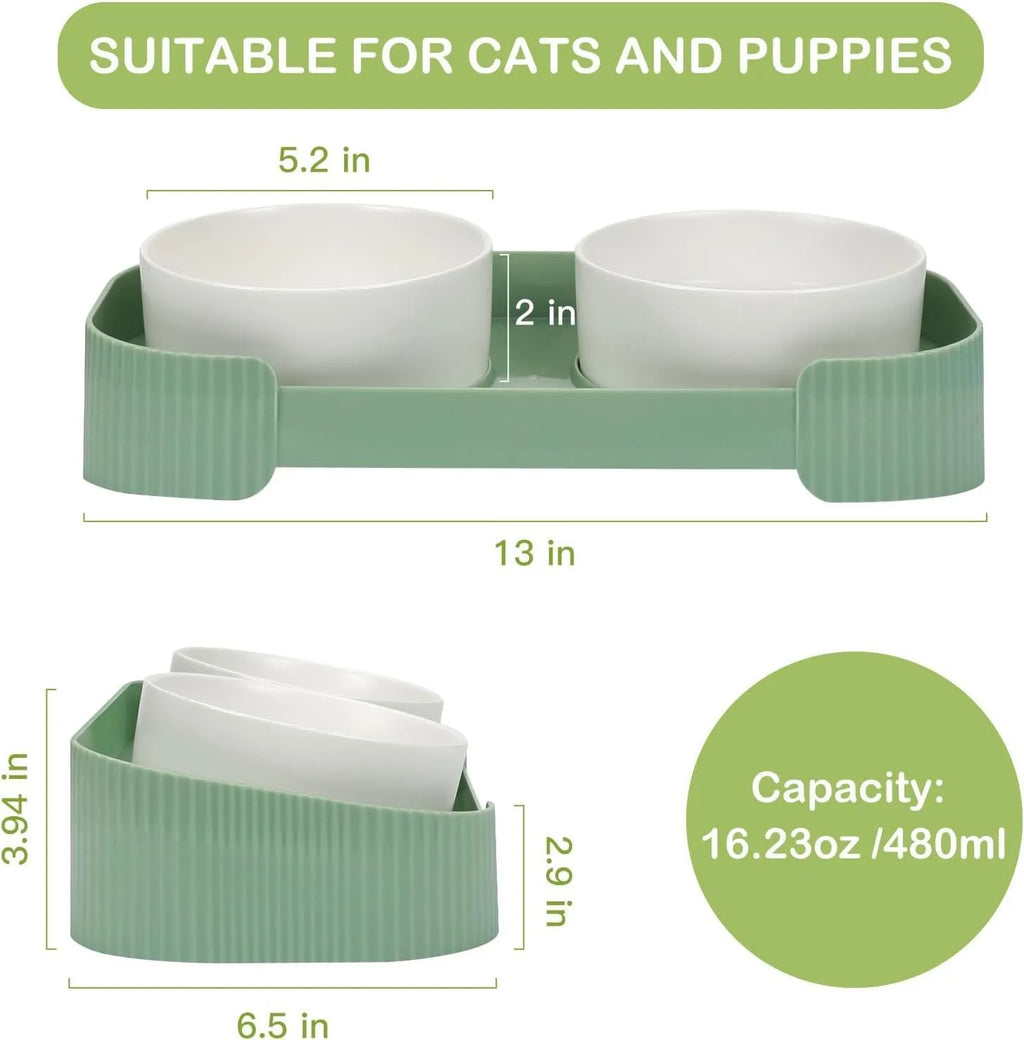 Ceramic elevated cat bowls with 15-degree tilted stand in green, white, or yellow colours