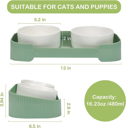 Ceramic elevated cat bowls with 15-degree tilted stand in green, white, or yellow colours