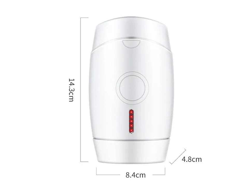 White home laser hair removal device with display screen and power adapter on a plain background.