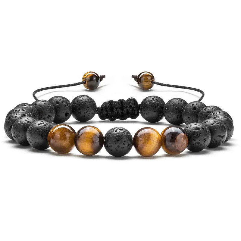 Pair of matte black agate bead bracelets with geometric design for couples.
