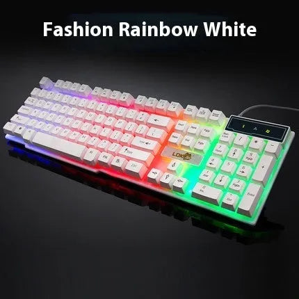 White and black gaming keyboard with glowing USB cable on a desktop