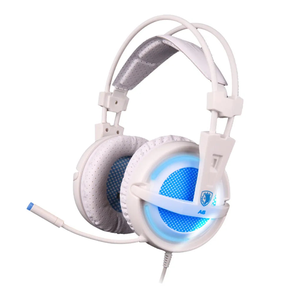 Black and white 7.1 USB gaming headset with LED lights on ear cups and padded headband.