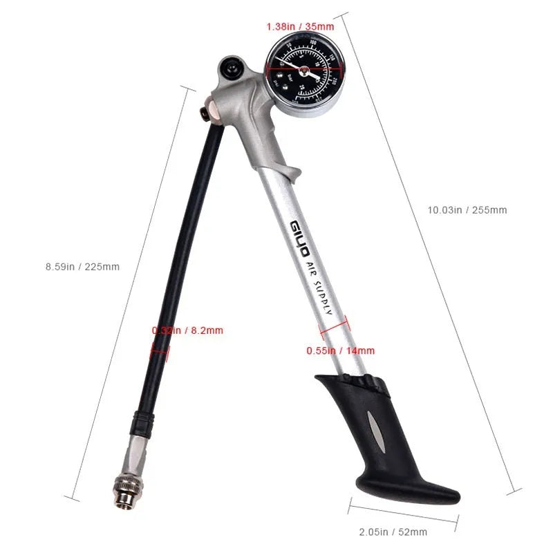 Mountain bike air fork pump with 300 psi gauge and rotating hose, black colour option
