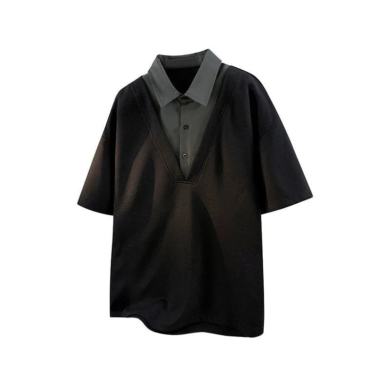 Men's heavy Henry collar polo shirt sweater in black and apricot colours with short sleeves