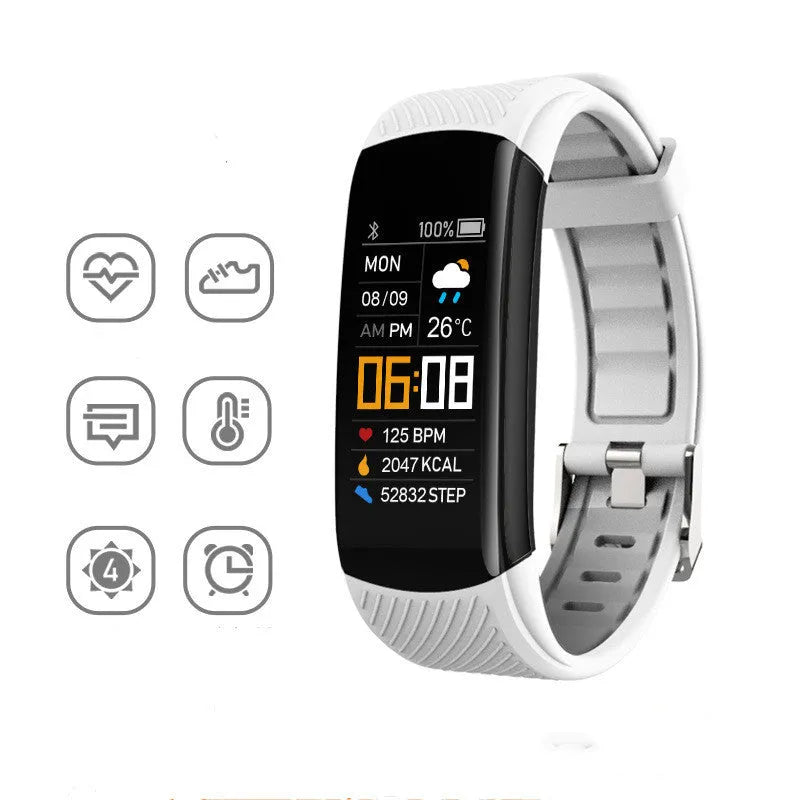 TPU sports pedometer bracelet on wrist showing 0.96-inch touch screen, available in multiple colours.