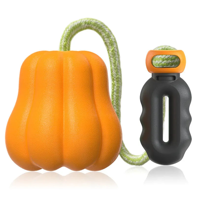 Plastic molar-shaped dog toy with rope attachment in pumpkin colour