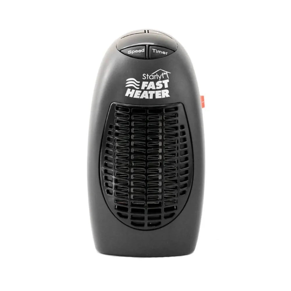 Black compact electric ceramic heater with digital display and rotating plug on desk
