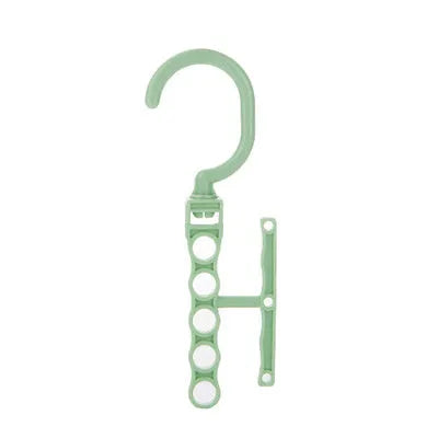 Blue rotating wardrobe hanger with five hooks and handle for organising multiple clothing items