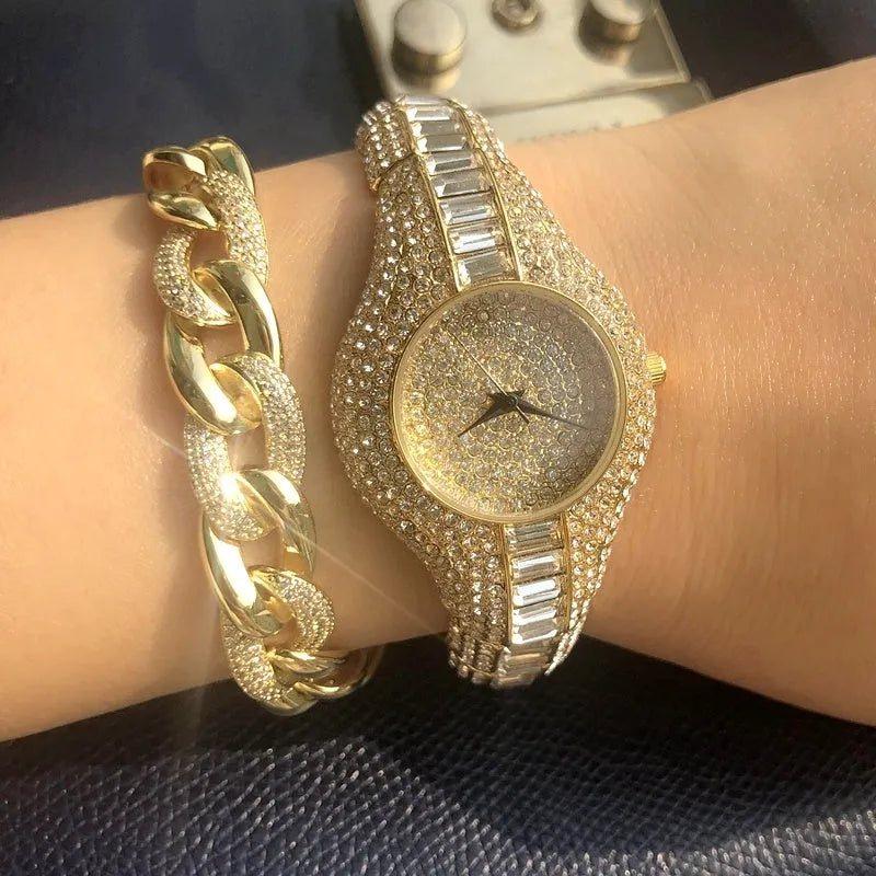 Gold alloy quartz women's watch with round dial, mineral glass mirror, and decorative inlay on brown background