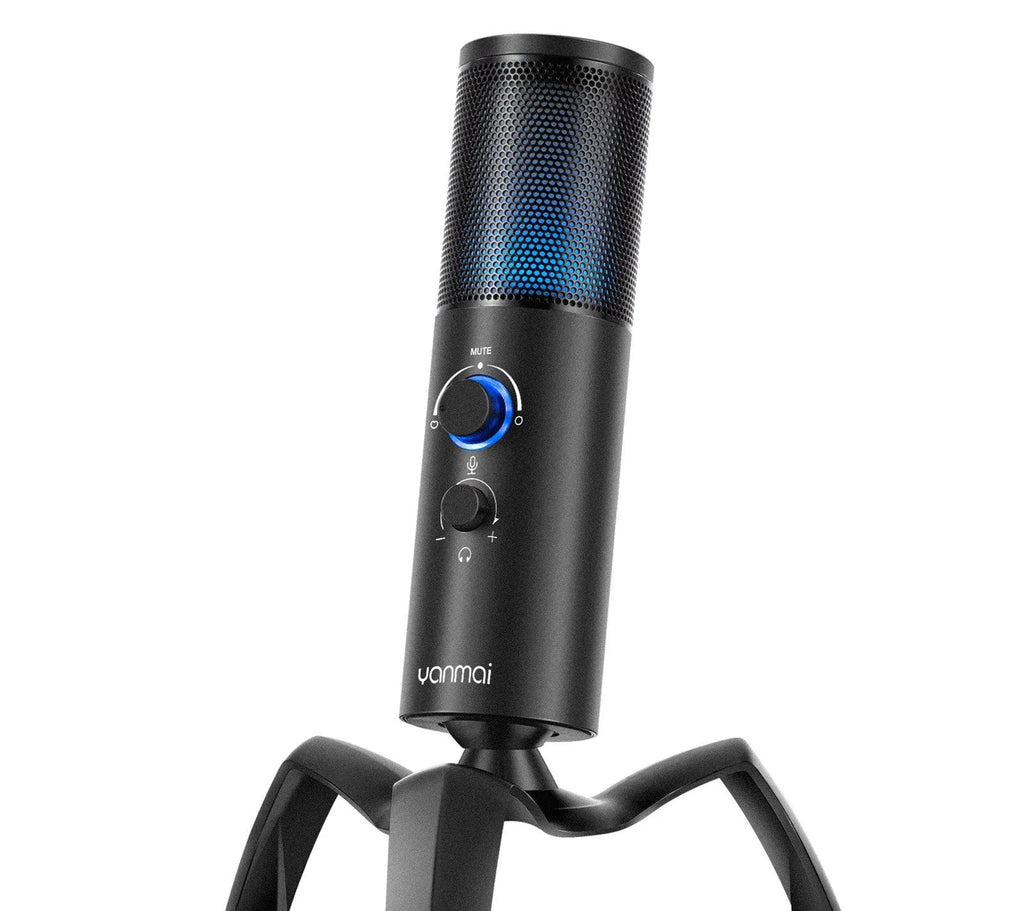 Black Q18 USB condenser microphone with metal tripod and RGB lighting effects