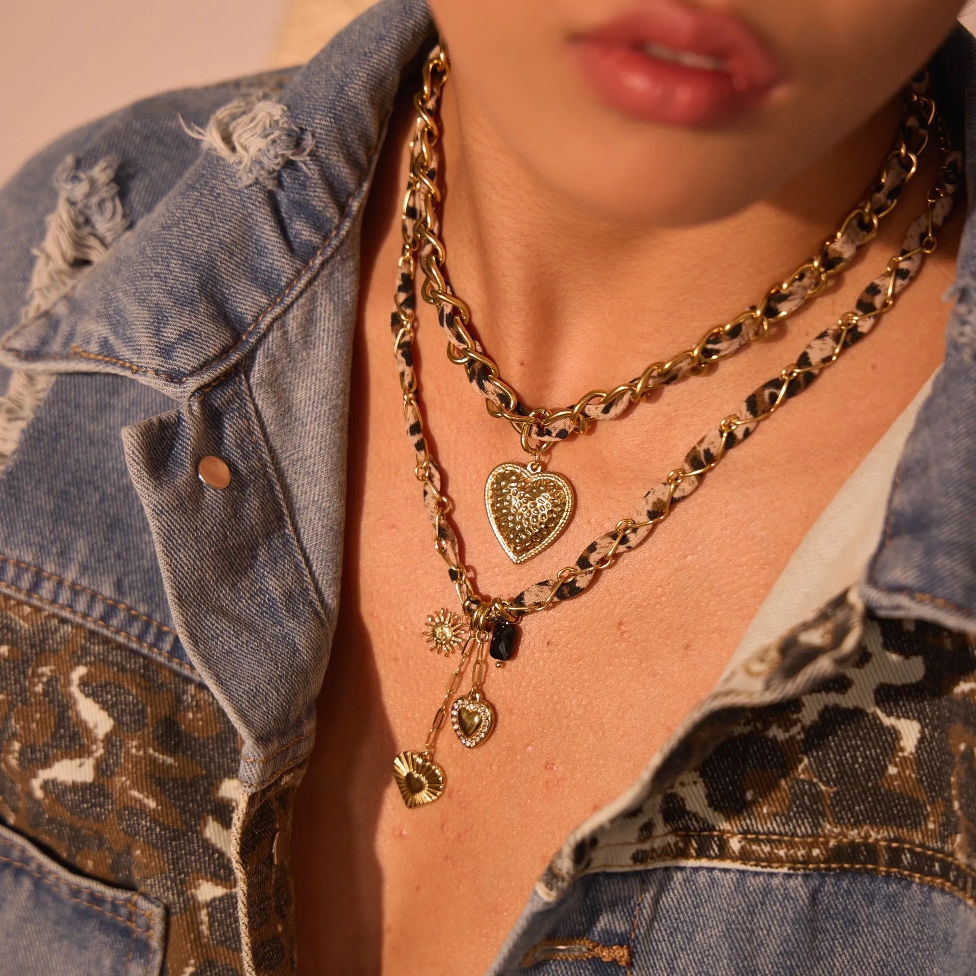 Stainless steel leopard love pendant necklace with adjustable chain and 18K gold electroplating