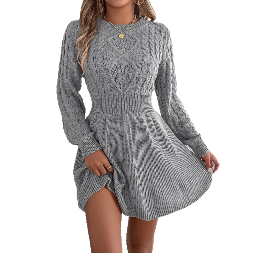 Women's long sleeve black sweater dress with lantern sleeves and a twist-design elasticated waist.