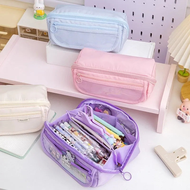 Ten-layer flip canvas pencil case unfolded showing multiple compartments, in Latte Coffee Colour.