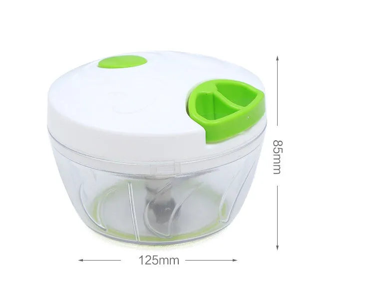 Green manual kitchen chopper with stainless steel blades and a clear lid, showing its compact size.