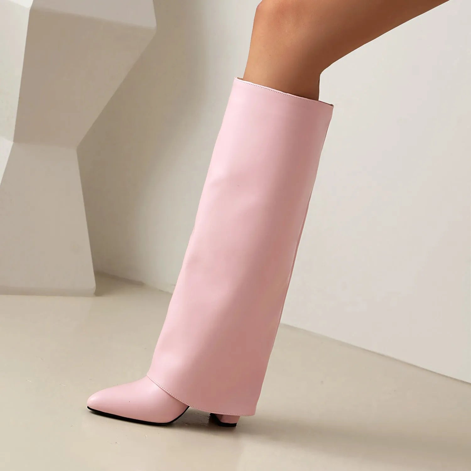 Women's plus size thick high heel ankle boots in black, white, or pink with high cylinder design and sewing line detail.