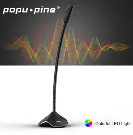 Black wired computer microphone with 3.5mm jack, pop filter, and desktop stent for recording and meetings