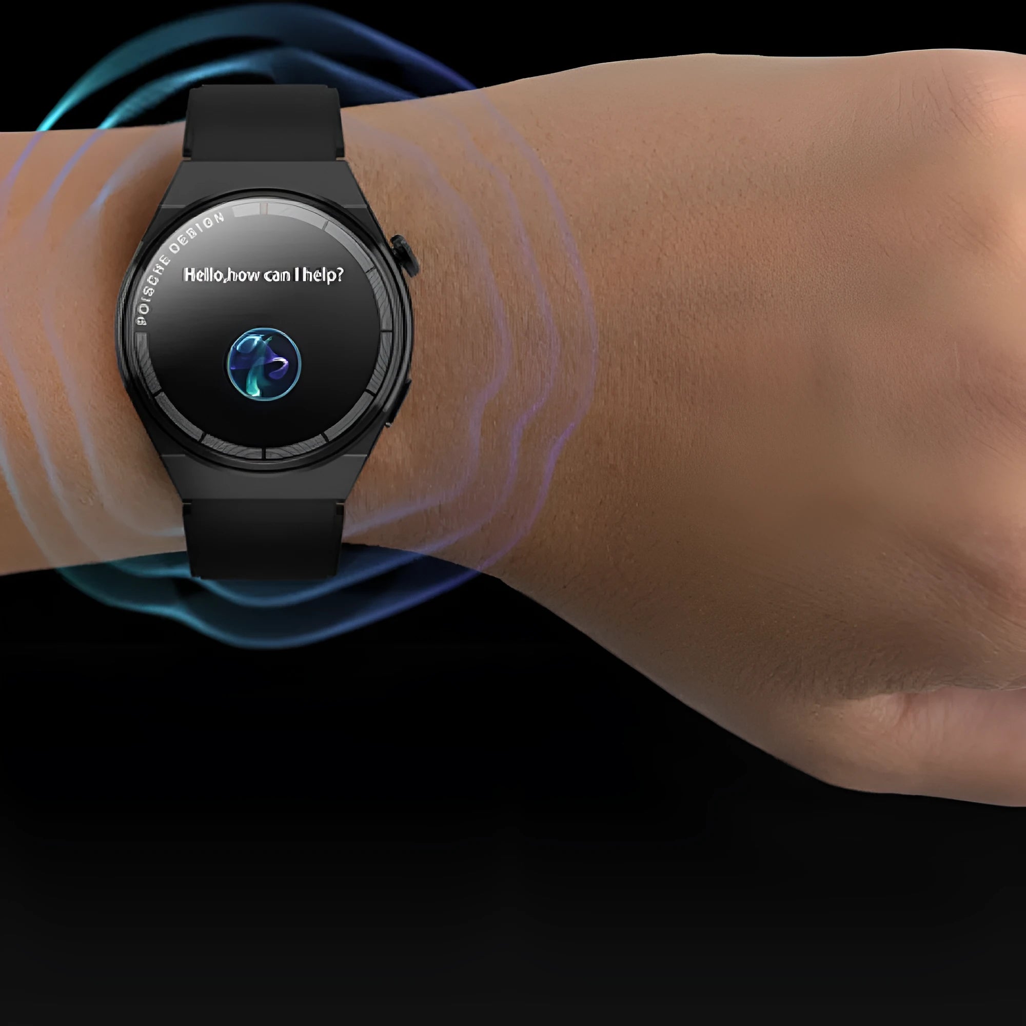Black multifunction smartwatch with 1.39-inch tempered glass screen on a silicone wrist strap