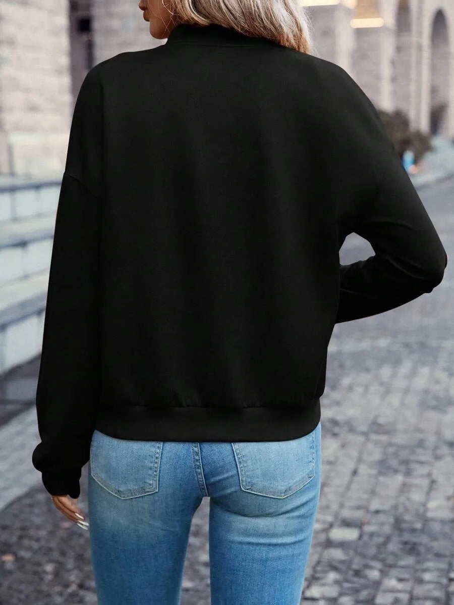 Black women's long sleeve casual zip jacket with faux pockets