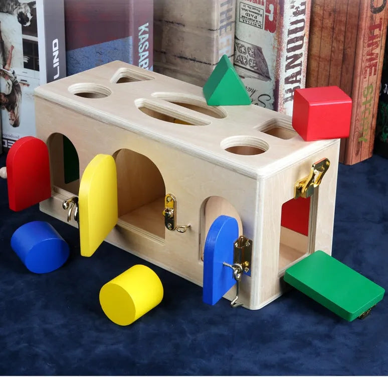 Wooden shape sorter lock box with 12 eco-friendly non-toxic pieces for preschool learning