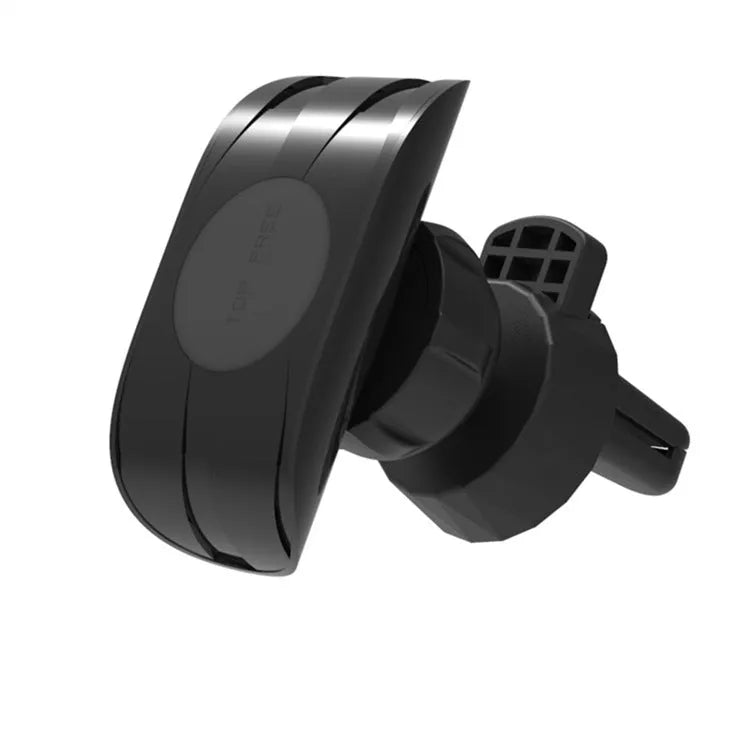 Glossy black car phone holder mounted on vehicle air vent holding smartphone