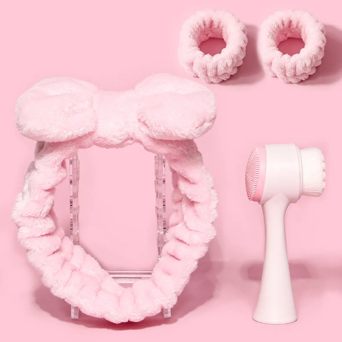 Facial brush set with coral fleece hair band and nylon bristle brush in multiple colour options