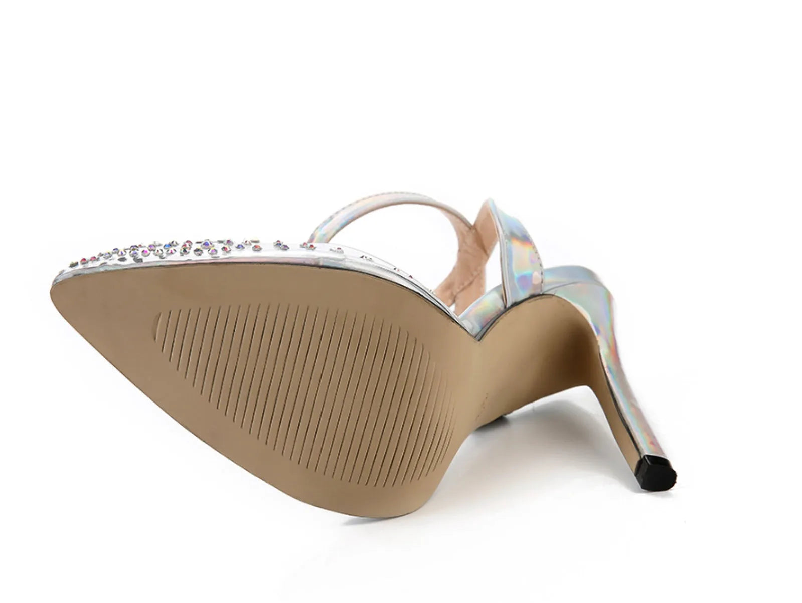 Women's pointed toe diamond sandals with stiletto heel on a white background.