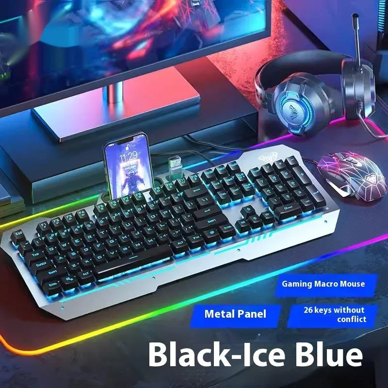 F3010 black and white metal gaming keyboard, mouse, and headset bundle with single-colour LED backlighting.