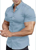 Men's brown short sleeve casual cardigan shirt with a collar.