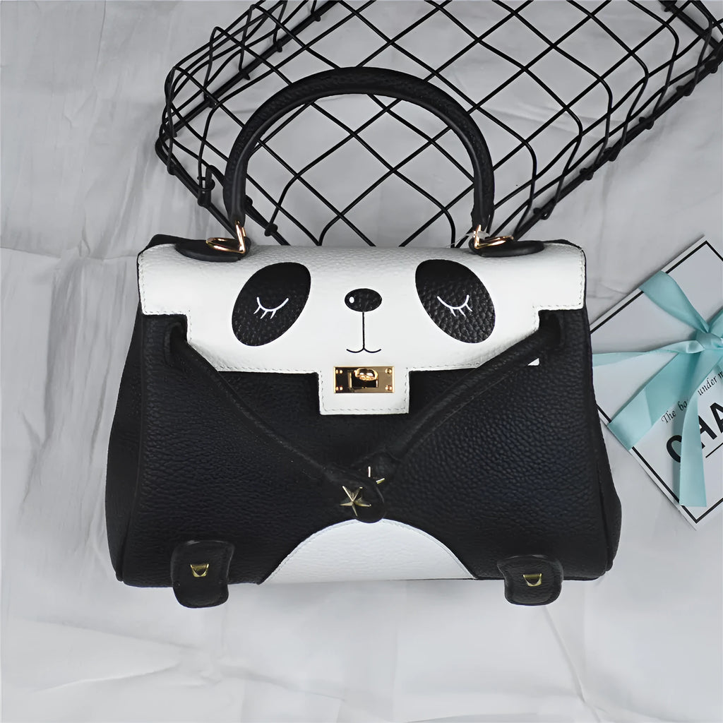 Panda print handbag in cowhide leather with sweet lady style animal pattern.