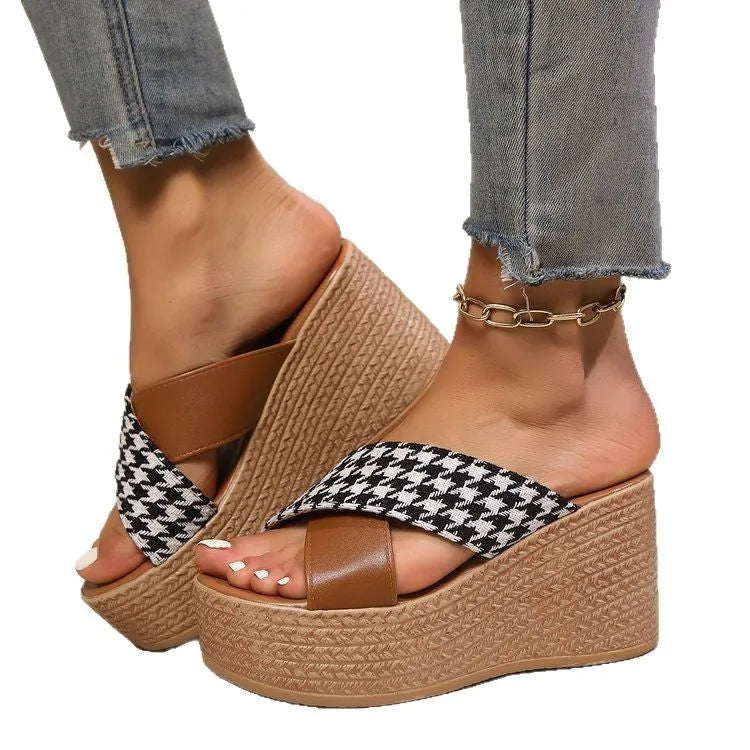 Brown and black leopard plaid pattern wedge sandals with rubber soles