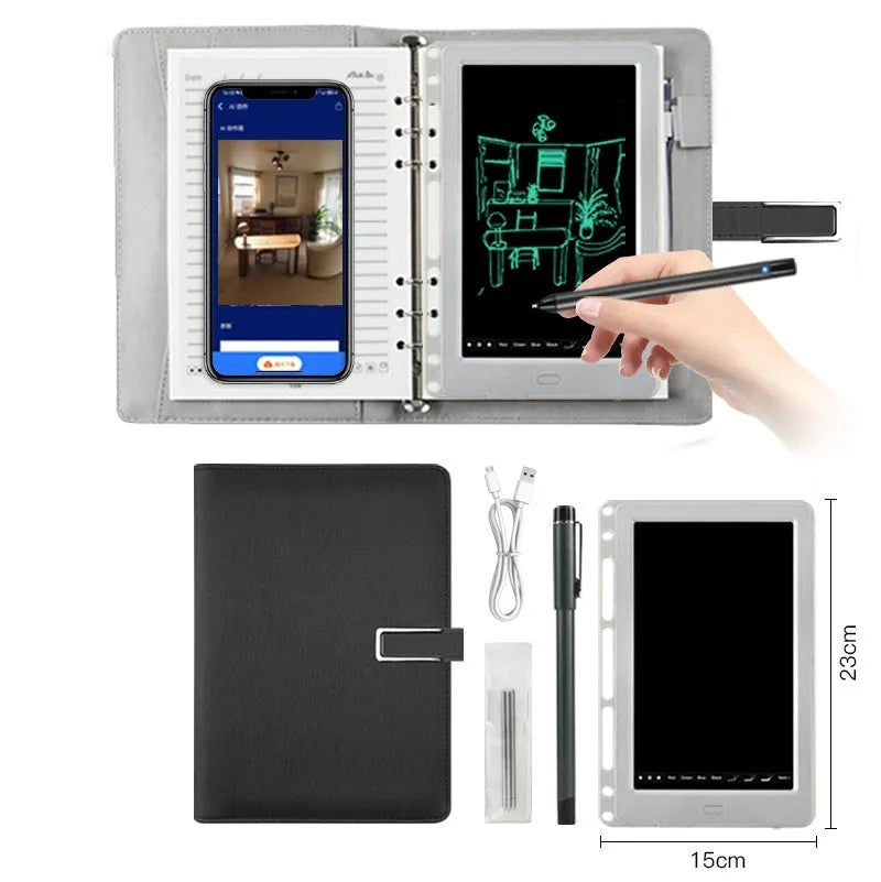 85-inch electronic writing pad with stitching detail, shown in dark blue with a smart pen.