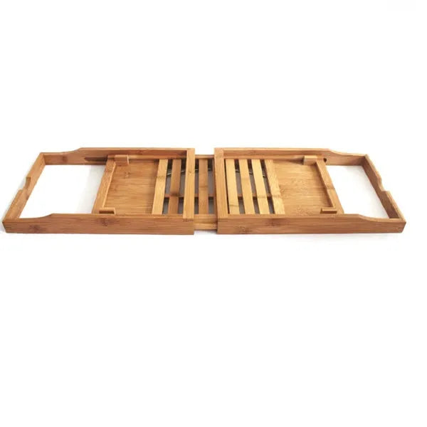 Natural bamboo bathtub frame desktop organiser shelf with one tier for bathroom storage.
