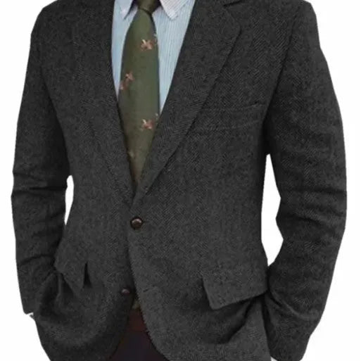 Men's brown herringbone business casual jacket with long sleeves and retro styling