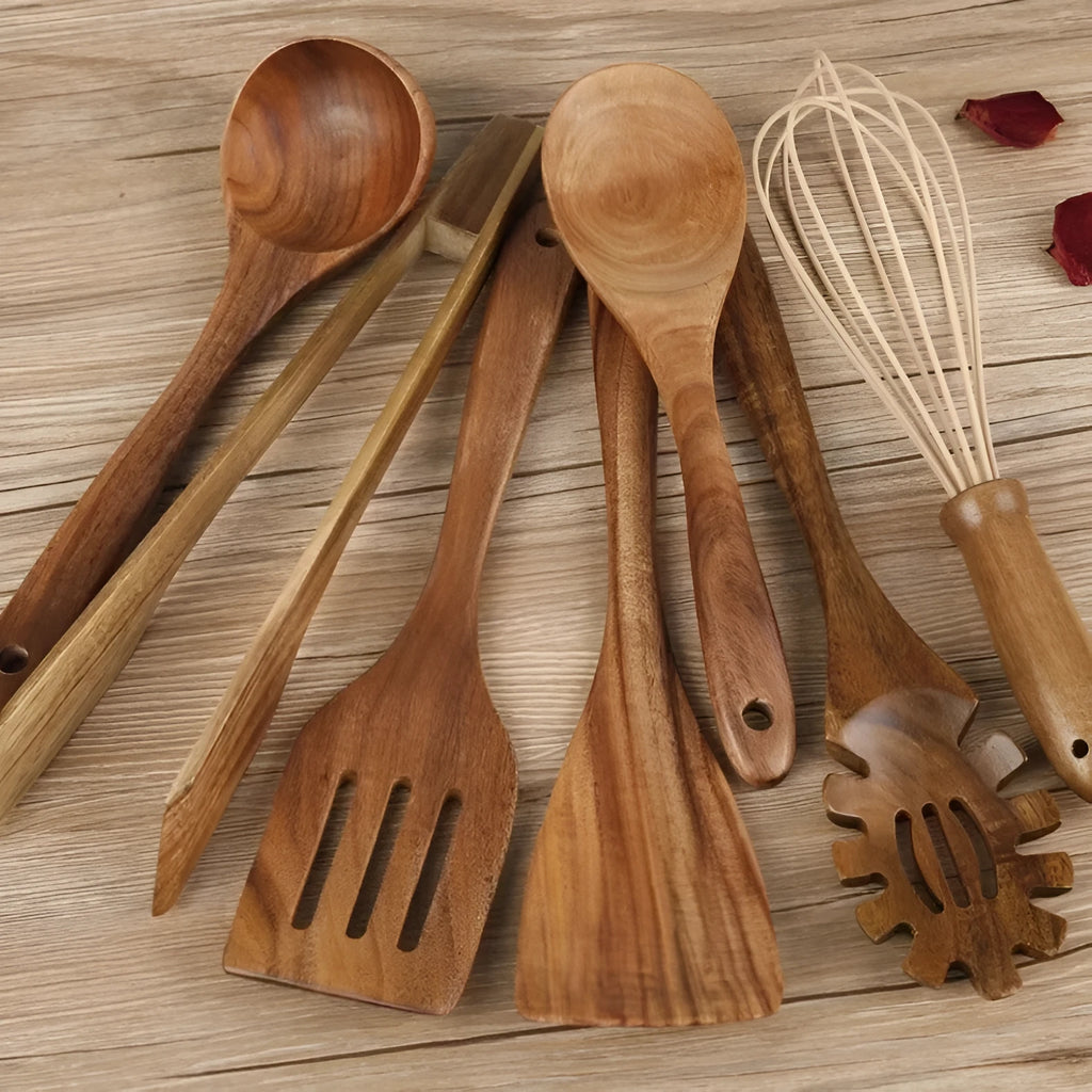 7-piece wooden cooking utensil set showing spoons and spatulas with non-slip handles