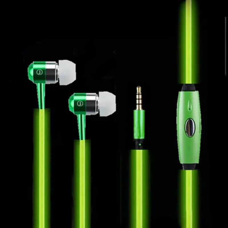 Blue LED light up earphones with 3.5mm plug and in-line remote control on a dark background
