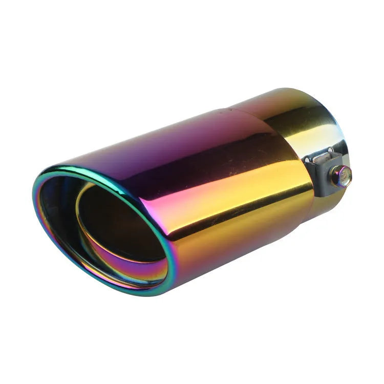 Stainless steel universal car exhaust tailpipe showing straight and curved shape options in different finishes.