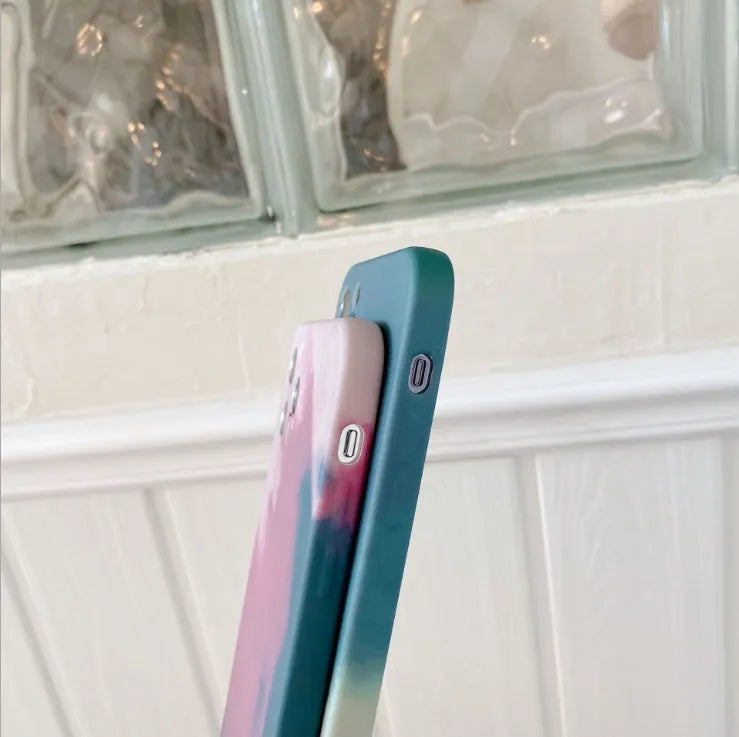 Soft silicone iPhone case with gradient geometric abstract design in blue colour compatible with iPhone 12