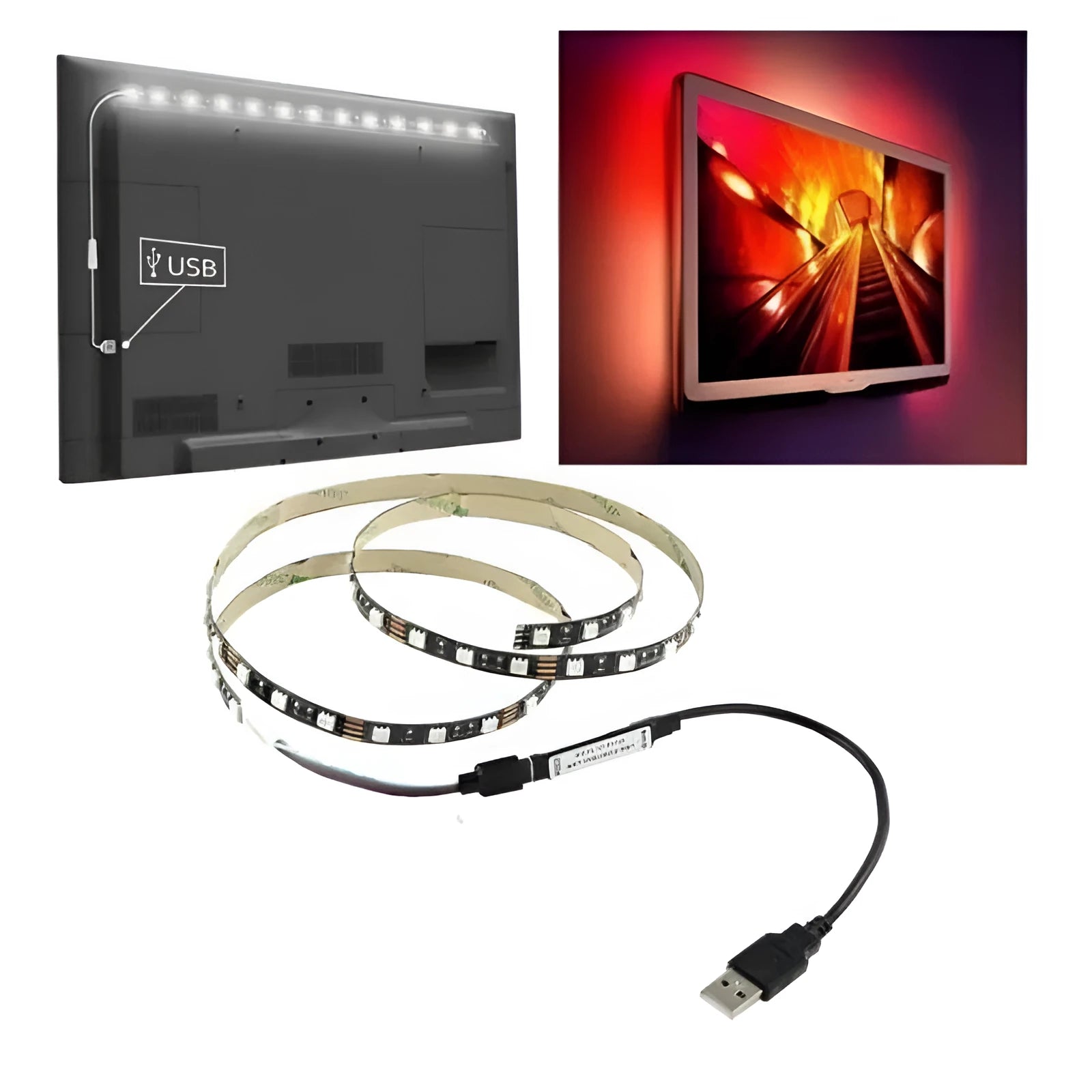 USB-powered LED light strip on a reel showing multiple colour options including white, blue, and red.