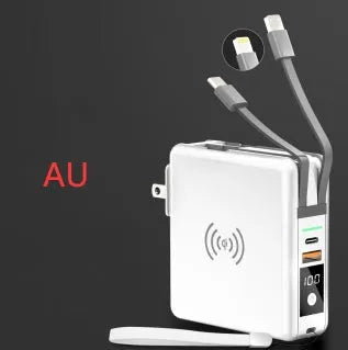 Black or white 10000mAh power bank with wireless charging and four international plug adapters