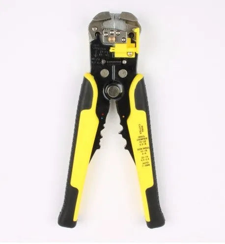 Yellow handheld 3-in-1 automatic wire stripper, crimper, and cutter tool with adjustment screw.