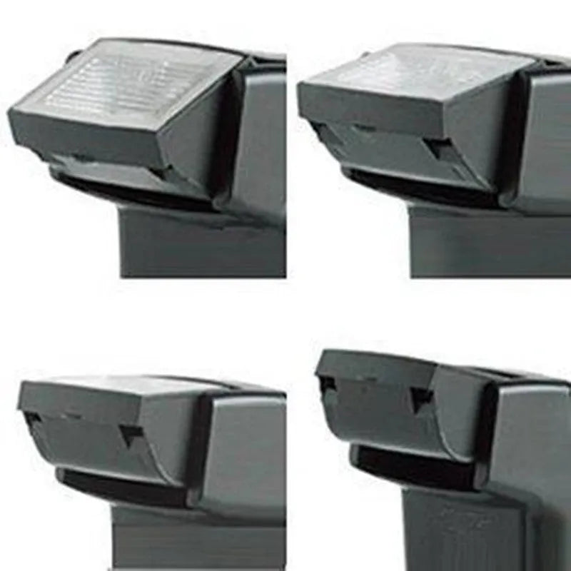 Compact black SLR camera flash unit shown tilted upwards on a hotshoe, illustrating its 90-degree bounce flash capability.