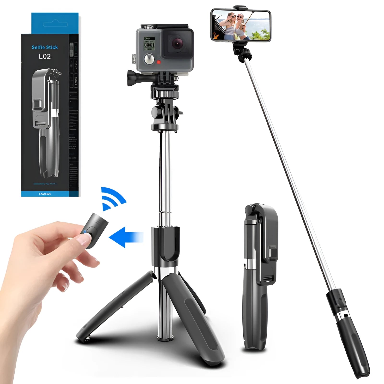 Black or white Bluetooth selfie stick tripod extended with phone attached and wireless remote.