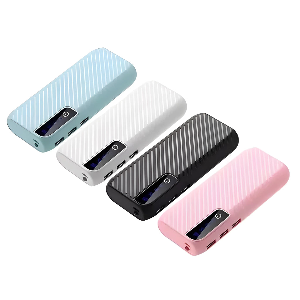 20000mAh mini power bank in black showing dual USB charging ports and compact size